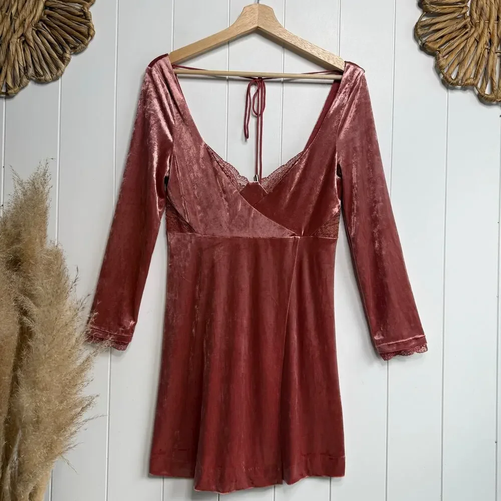 Free People mini dress velvet babydoll floral lace boho XS